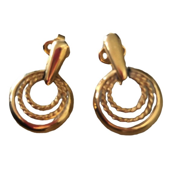 Crown Trifari Clip On Gold Tone Earrings Dangle 3 Circles - Picture 2 of 8